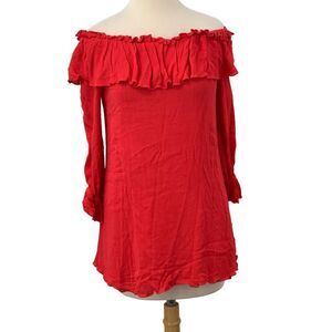 Vintage Collection Women's 3/4 Sleeve Red Off-Shoulder Ruffle Tunic Top‎ Boho S